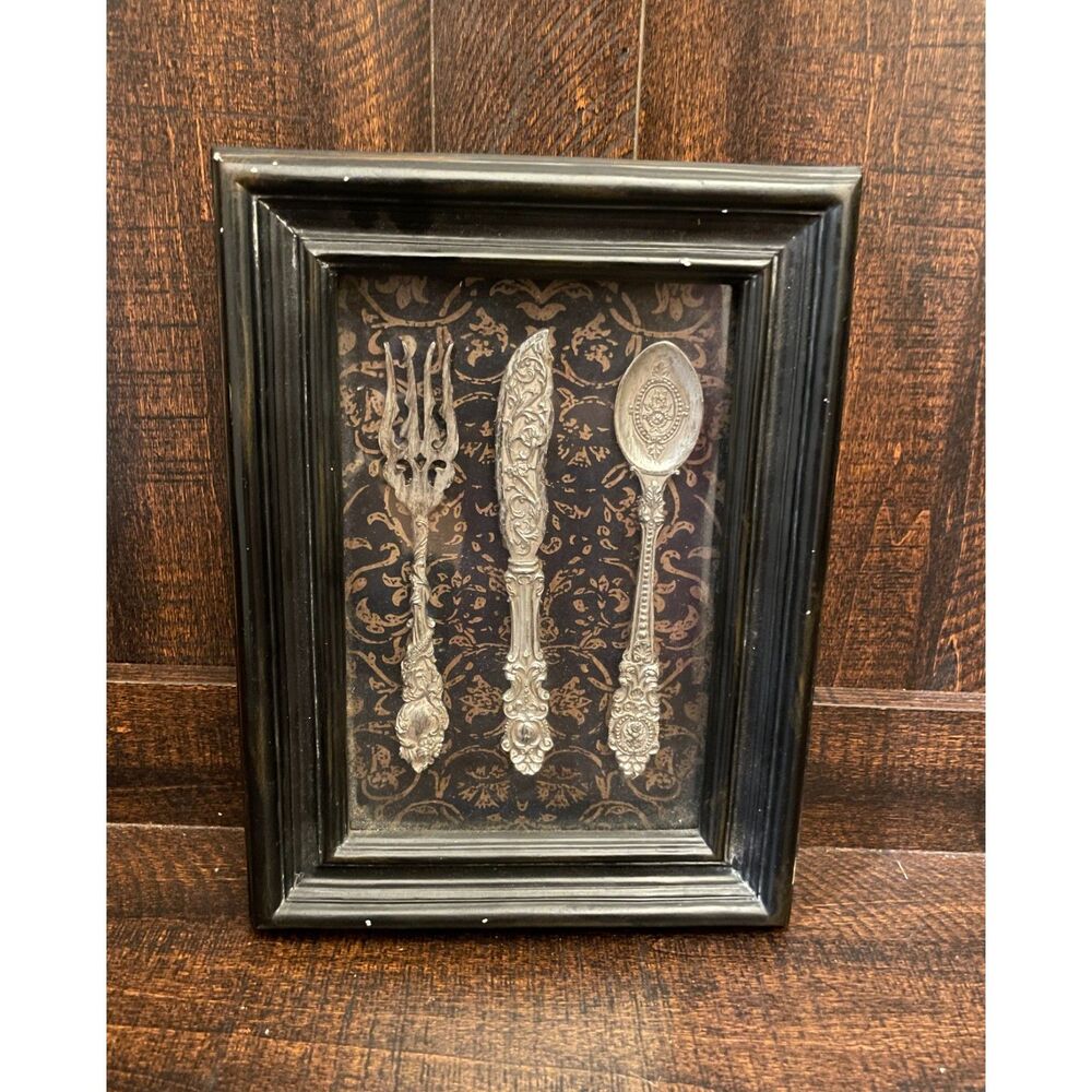 Ornate Silverware Shadow Box Wall Art Fork Knife Spoon Black Gold 10x8